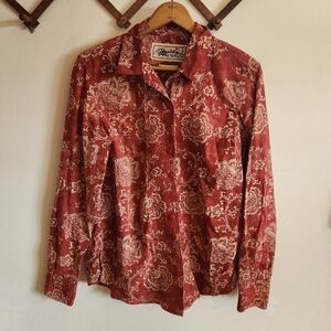 Adventure Organic Cotton Long Sleeve Button Down Paisley Floral Red Cream Large